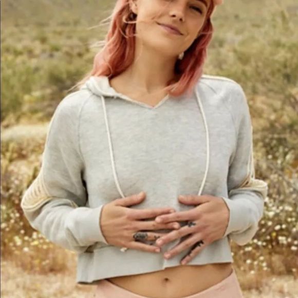 Free People Hoodie Sweatshirt Crochet Ribbed Cuff - Picture 4 of 7